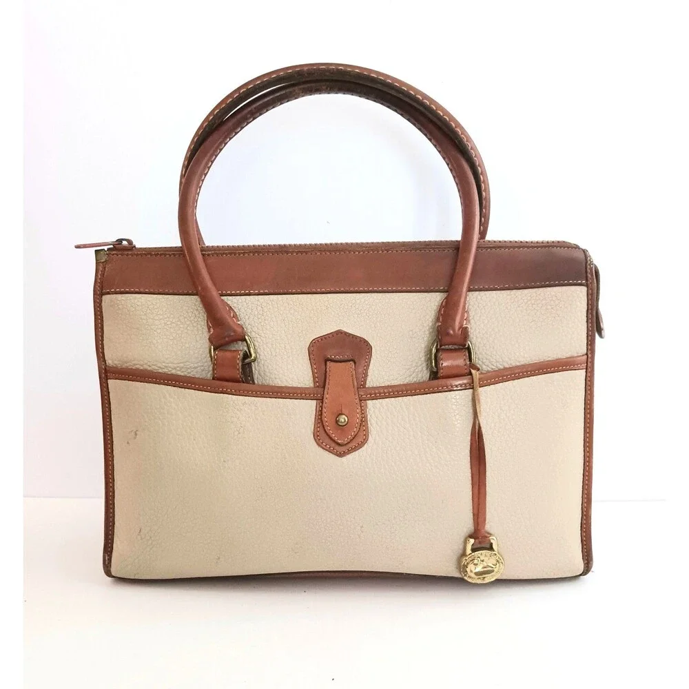 VTG Dooney & Bourke Satchel Tan All Weather Pebbled Leather Brown Leather Trim